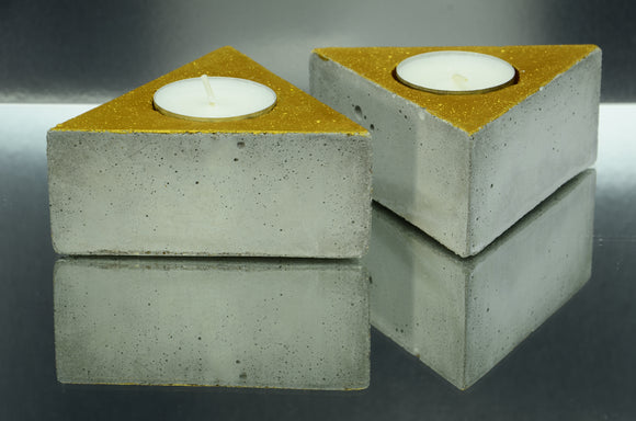 Set of 2 Handmade Triangular Concrete Tealight, Airplant Holders - Gold