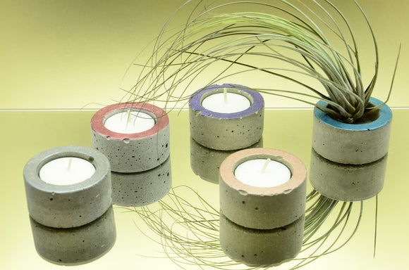 Set of 5 Small Round Handmade Concrete Tea Light, Air Plant Holders - Silver, Dark Pink, Amethyst, Teal, Pink