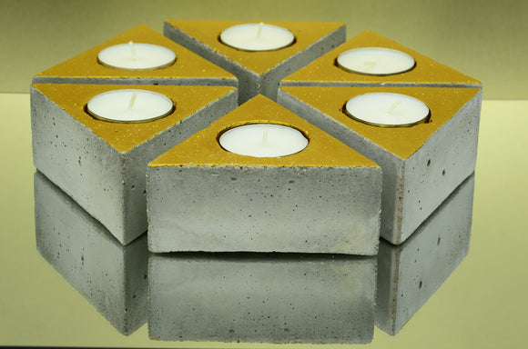 Set of 6 Handmade Triangular Concrete Tealight, Airplant Holders - Gold