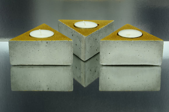 Set of 3 Triangular Handmade Concrete Tealight, Airplant Holders - Gold