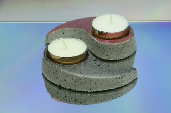 Set of 2 Yin Yang Handmade Concrete Tealight Holders - Dark Grey and Dark Pink