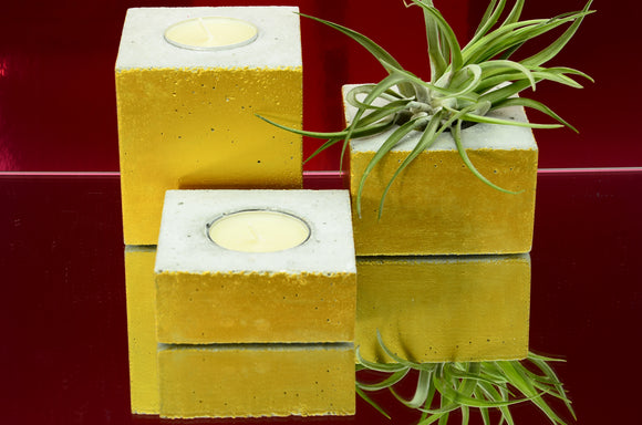Set of 3 Handmade Concrete Rectangle Tealight, Airplant Holders - Gold