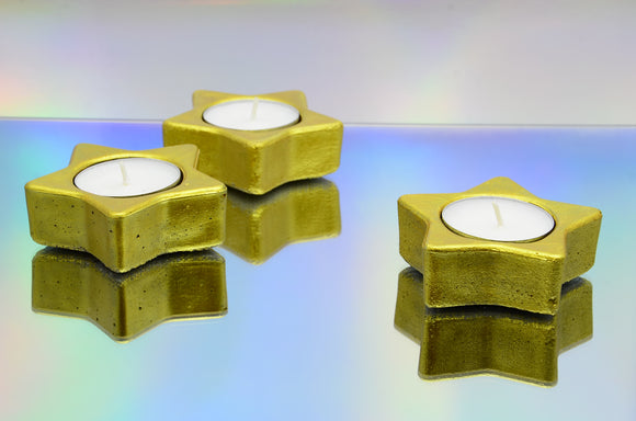 Set of 3 Handmade Star Shaped Concrete Tealight, Airplant Holders, Christmas Gift - Gold