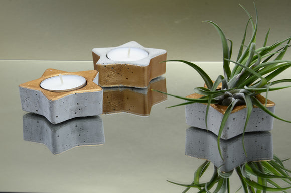 Set of 3 Handmade Star Shaped Concrete Tealight, Airplant Holders, Christmas Gift - Grey and Copper