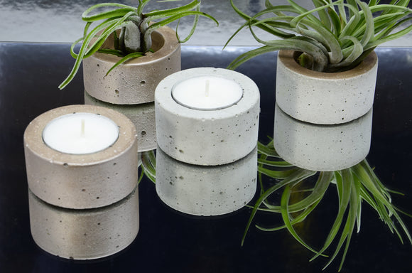 Set of 4 Small Round Handmade Concrete Tea Light, Air Plant Holders - Pearl Brown