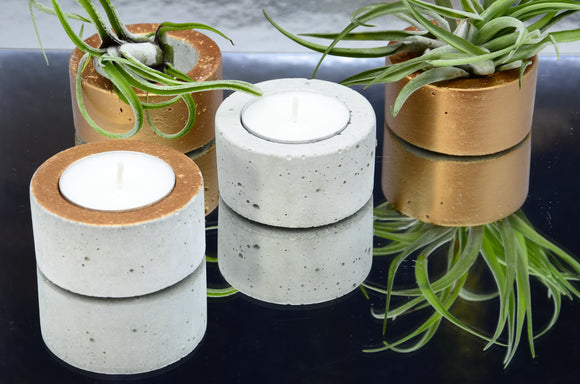 Set of 4 Small Round Handmade Concrete Tea Light, Air Plant Holders - Copper