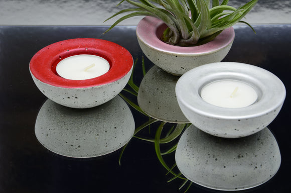 Set of 3 Handmade Concrete Small Round Tealight, Airplant Holders - Pearl White, Pink and Red