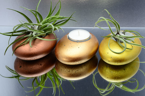 Set of 3 Handmade Pebble Shaped Concrete Tealight, Airplant Holders - Gold, Copper and Dark Copper