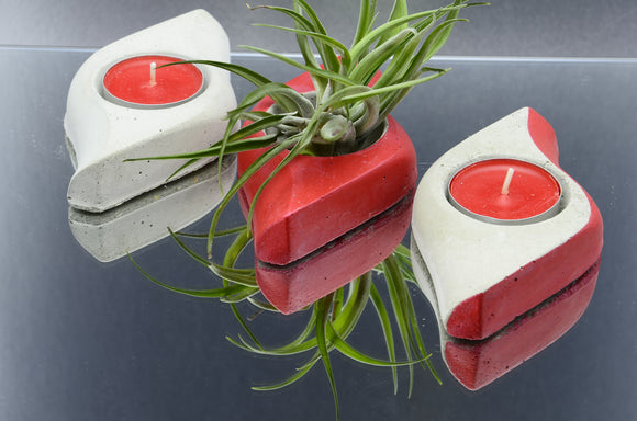 Set of 3 Handmade Concrete Tea Light Holders - Grey and Pearl Red
