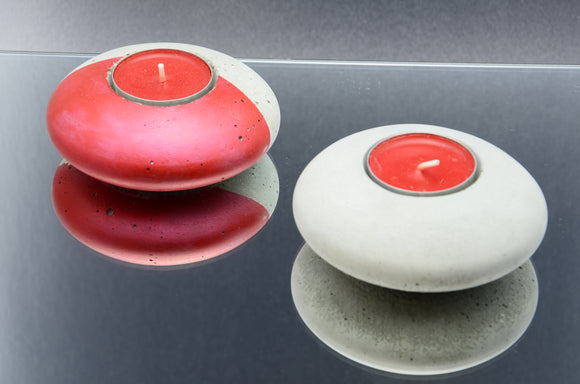 Set of 2 Handmade Round Flat Concrete Tealight, Airplant Holders  - Pearl Red