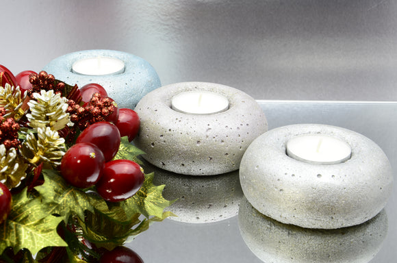 Set of 3 Handmade Concrete Doughnut Shaped Tealight, Airplant Holders - Sparkling Silver, Rose Gold and Ice Blue