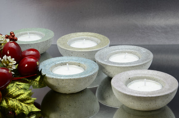 Set of 5 Handmade Concrete Small Round Tealight, Airplant Holders - Sparkling Silver, Champagne, Ice Blue, Sage and Rose Gold